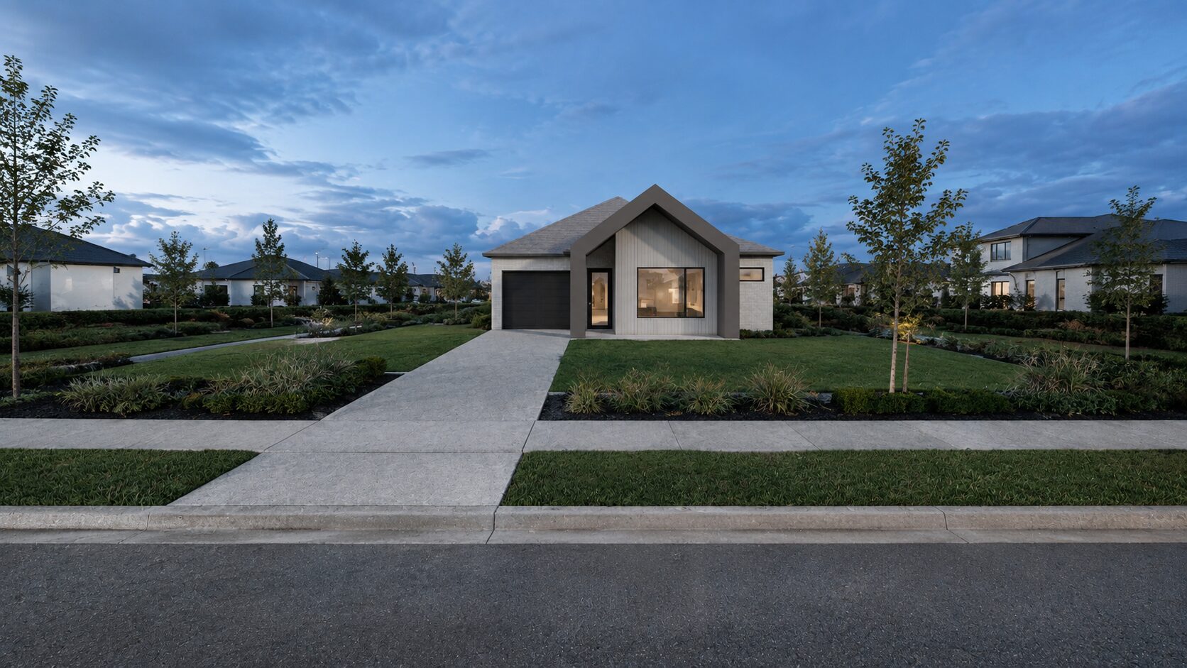 Modern farmhouse exterior 3D render at dusk with twilight lighting - Studio Lunex architectural visualization