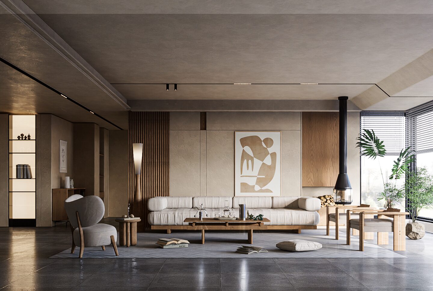 Modern living room interior 3D render with wood-burning fireplace and natural materials - Studio Lunex architectural visualization