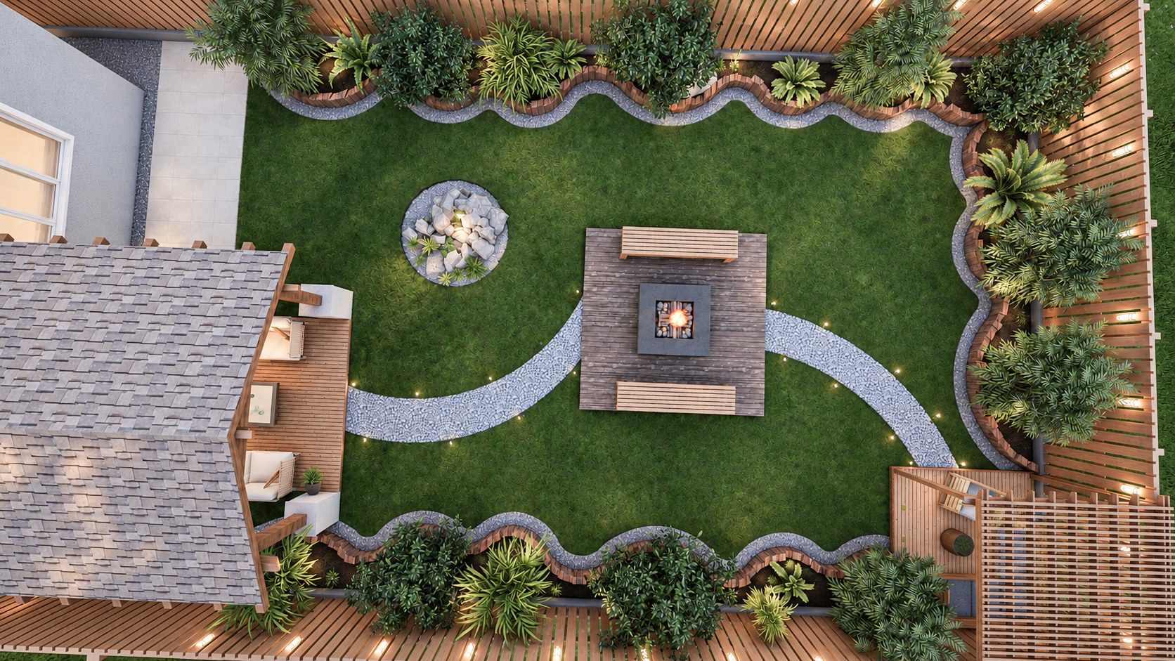 Aerial view of a landscaped backyard with fire pit, curved gravel paths and timber fencing, 3D render